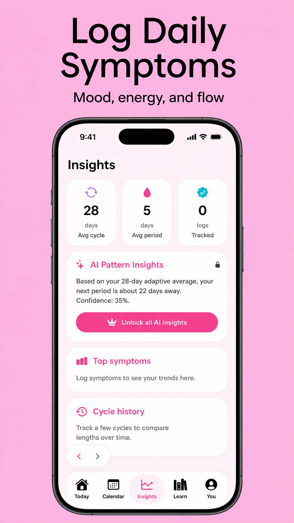 Insights dashboard with symptom logging and mood tracking