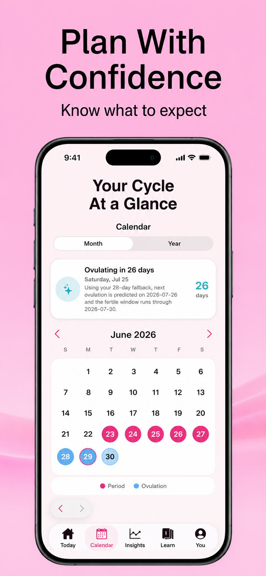 Calendar view highlighting period and ovulation days